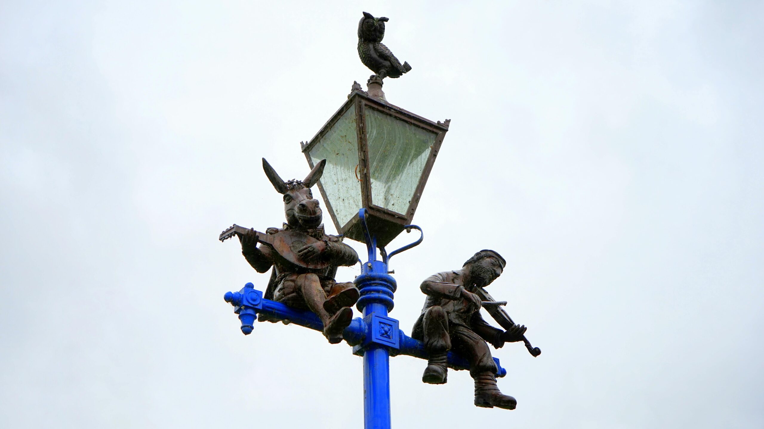 Esel Und Mann Spielen Instrument In Straßenlaternen
